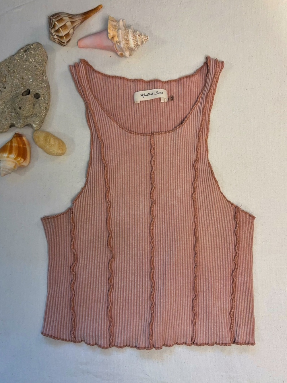 Mustard Seed Mauve Ribbed Cropped Tank Top Lettuce Edge Seam Detail - Size Small